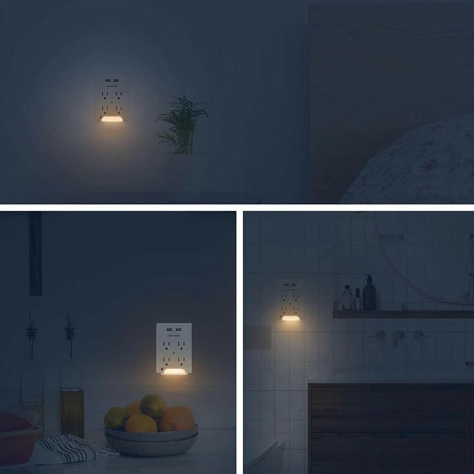 Wall Plug Outlet Adopter With 2 USB Ports  Light Sensor Night Light 2