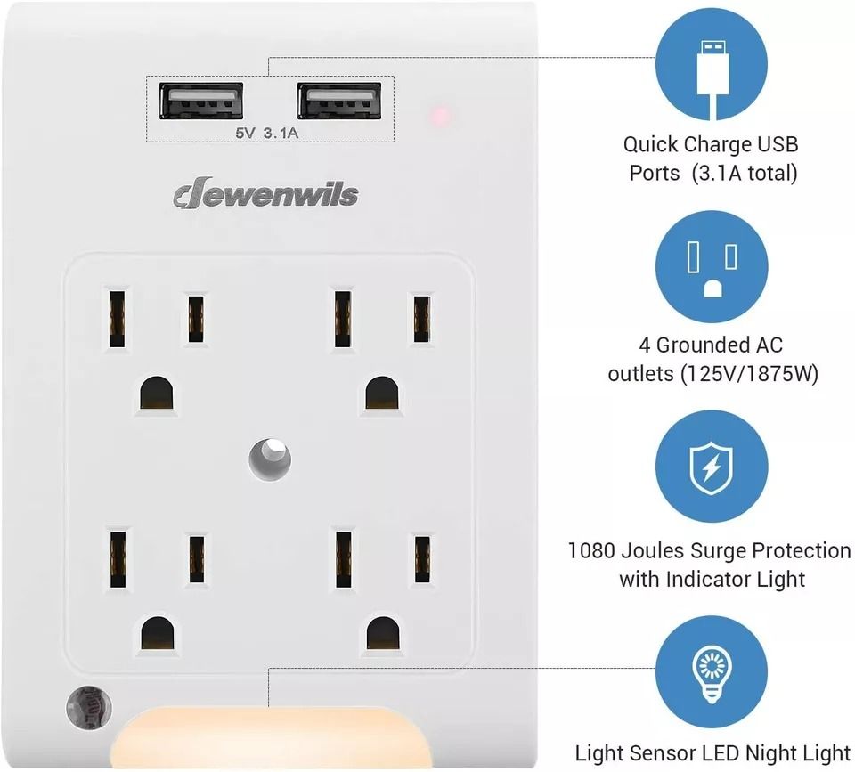 Wall Plug Outlet Adopter With 2 USB Ports  Light Sensor Night Light 3
