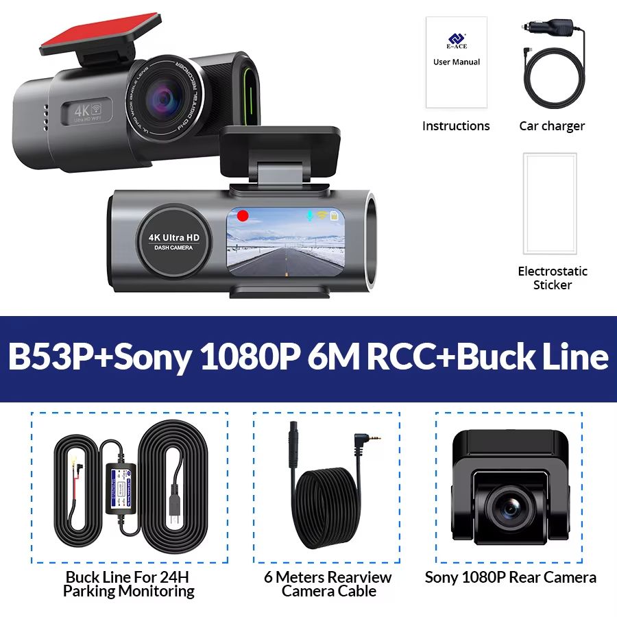 EACE 4K Dashcam With GPS  WiFi 24H Parking Dual Lens 1080P Rearview Camera Night Vision Car Black B