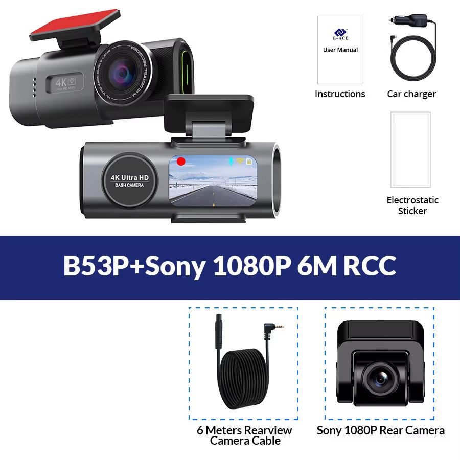 EACE 4K Dashcam With GPS  WiFi 24H Parking Dual Lens 1080P Rearview Camera Night Vision Car Black B