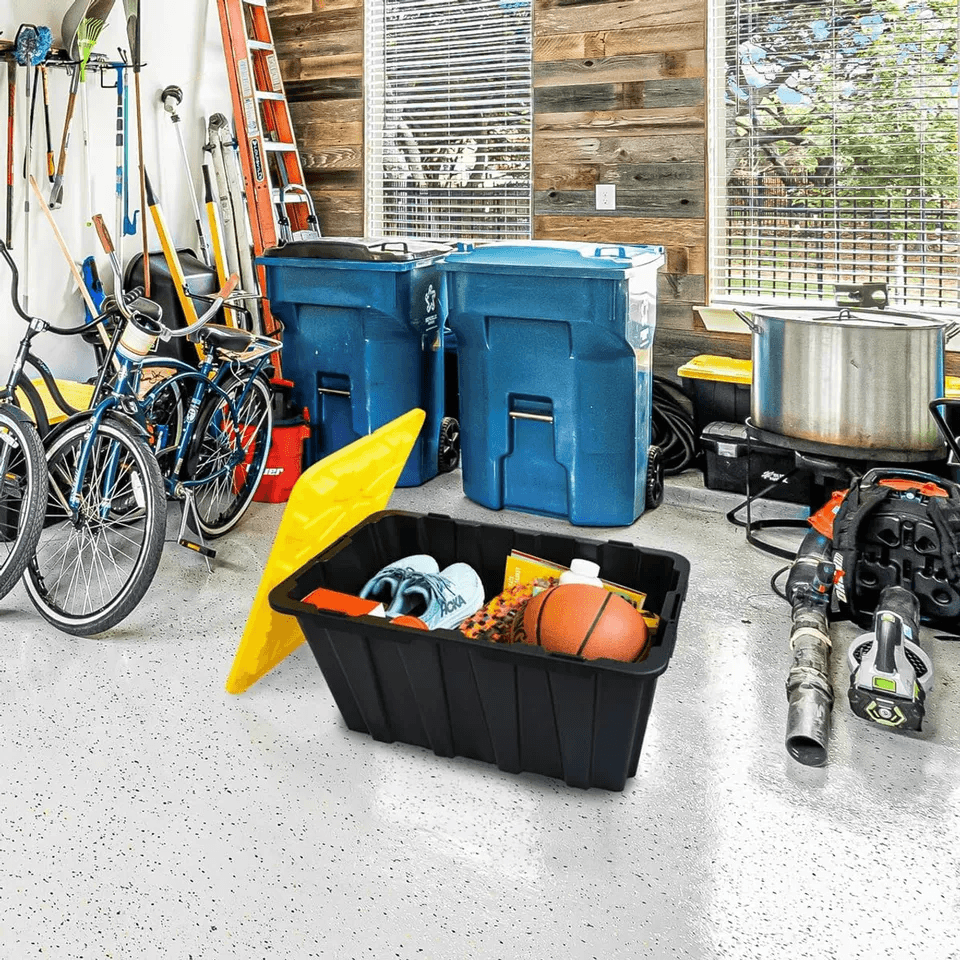 Snap Lid Storage Bin Durable Black Plastic Tote Boxes Stackable Garage  Workshop Containers 1