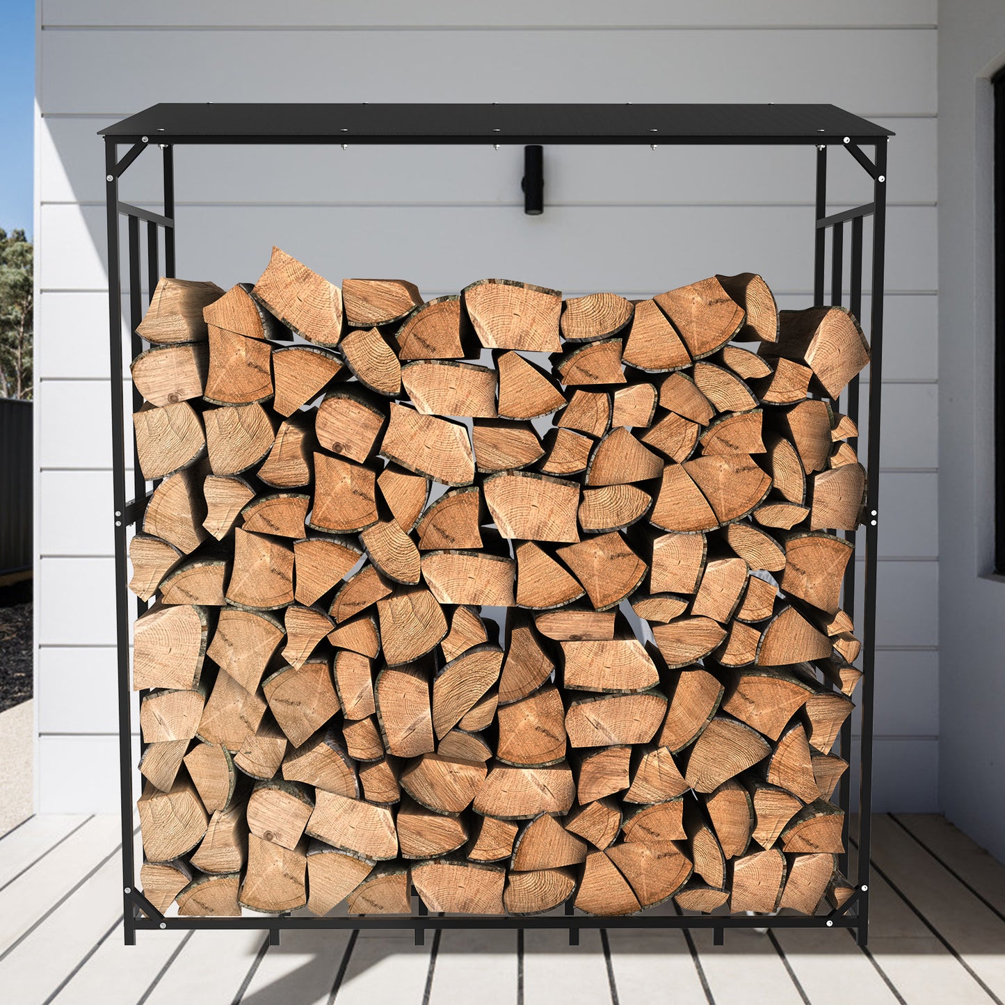 Heavy Duty Tall Metal Firewood Rack with Top Cover, Outdoor Wood Storage Stacking Stand for Deck & Backyard
