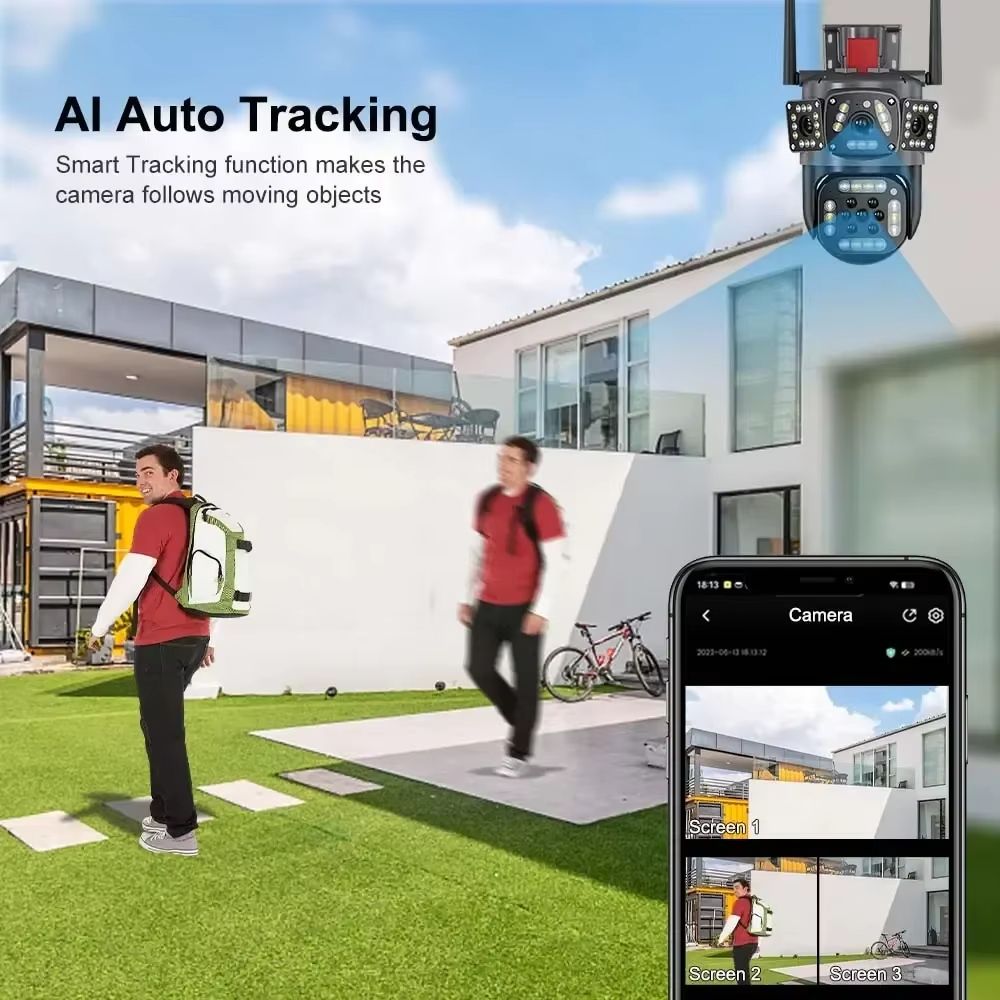 6K 12MP WiFi Surveillance Camera Outdoor Triple Lens Triple Screen PTZ Motion Detection IP Security 4