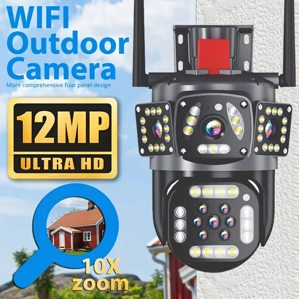 6K 12MP WiFi Surveillance Camera Outdoor, Triple Lens, Triple Screen, PTZ, Motion Detection, IP Security Camera
