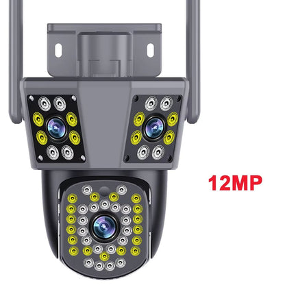 6K 12MP WiFi Surveillance Camera Outdoor Triple Lens Triple Screen PTZ Motion Detection IP Security 6