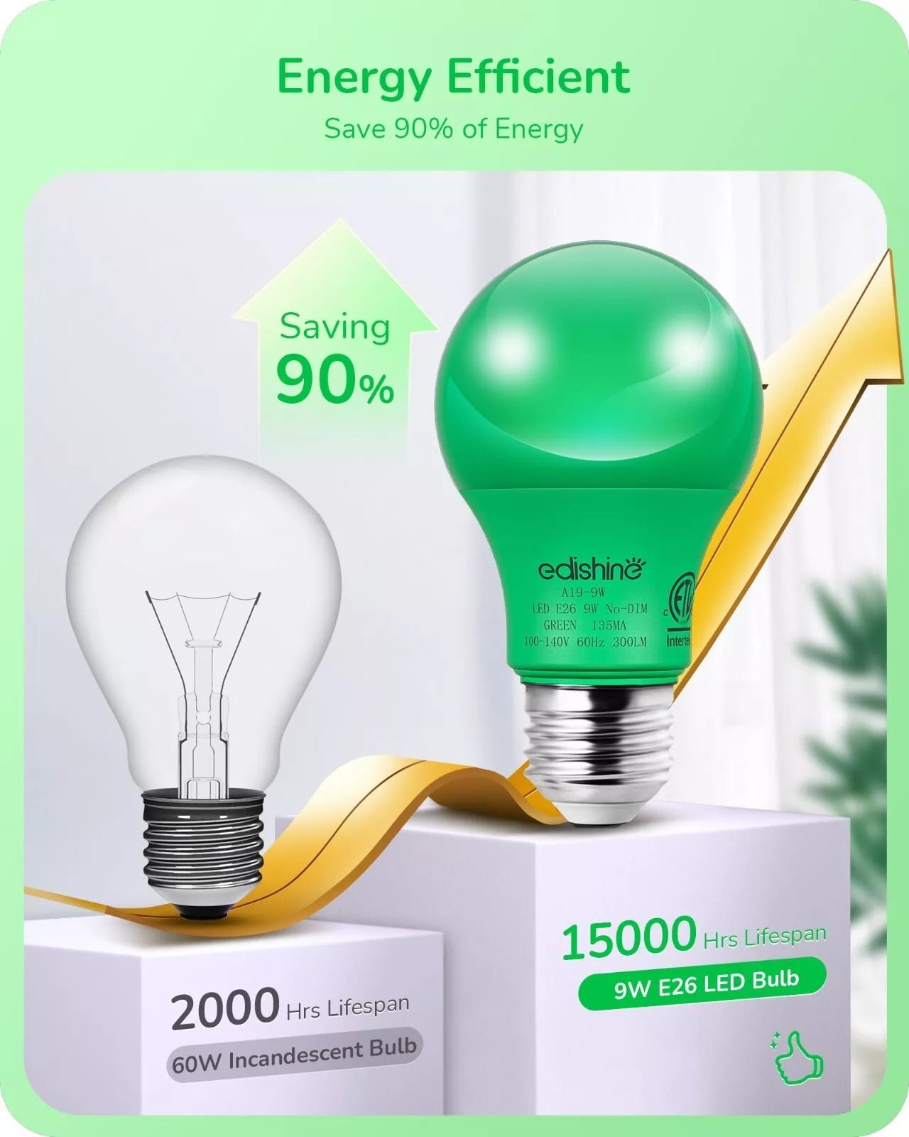 Green Light Bulb 4 Pack A19 LED 9 W E26 60 W Equivalent Eco Bulbs 9