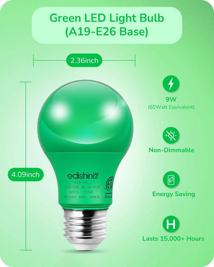 Green Light Bulb 4 Pack A19 LED 9 W E26 60 W Equivalent Eco Bulbs 10