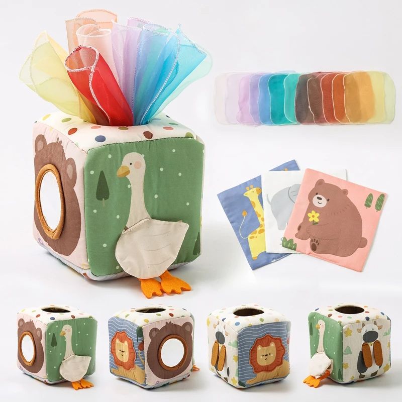 Magic Tissue Box Toy for Babies Montessori Sensory Cloth Book, Soft Rattle Game Finger Exercising Busy Board Educational