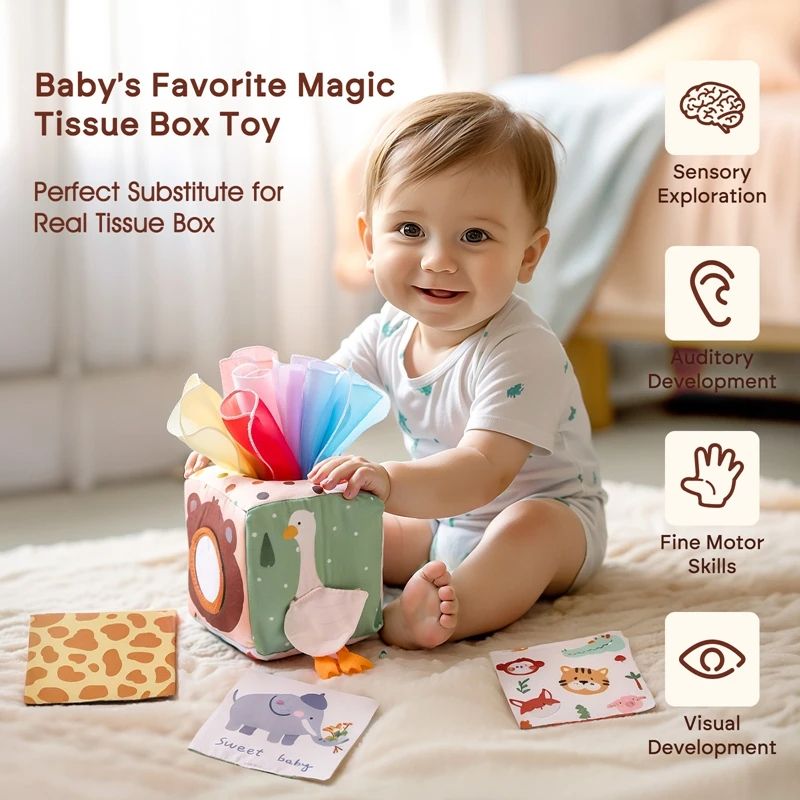 Magic Tissue Box Toy For Babies Montessori Sensory Cloth Book Soft Rattle Game Finger Exercising Bu 1