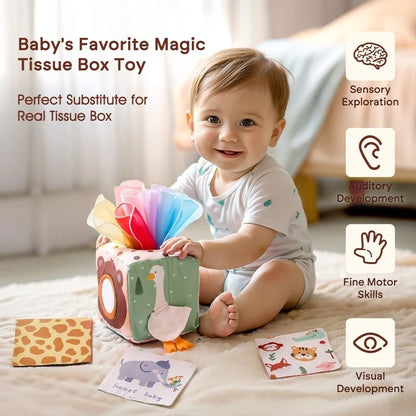 Magic Tissue Box Toy For Babies Montessori Sensory Cloth Book Soft Rattle Game Finger Exercising Bu 1
