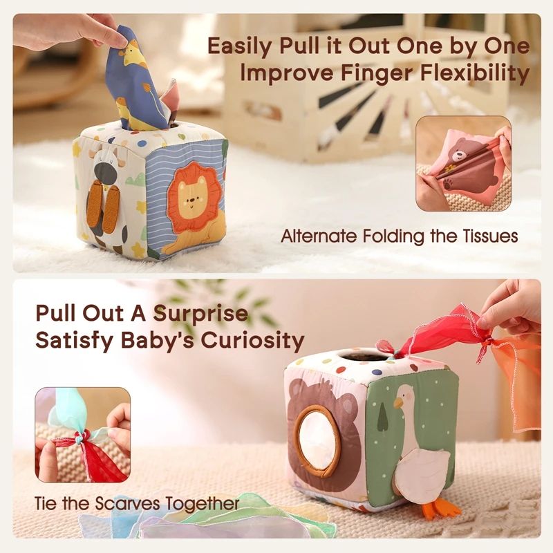 Magic Tissue Box Toy For Babies Montessori Sensory Cloth Book Soft Rattle Game Finger Exercising Bu 2