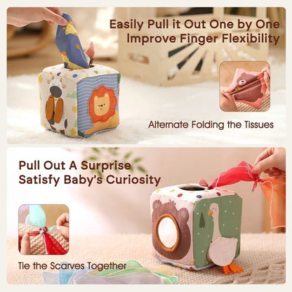Magic Tissue Box Toy For Babies Montessori Sensory Cloth Book Soft Rattle Game Finger Exercising Bu 2
