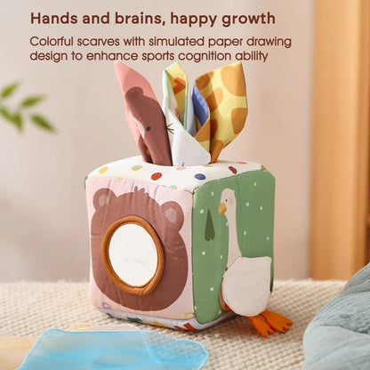Magic Tissue Box Toy For Babies Montessori Sensory Cloth Book Soft Rattle Game Finger Exercising Bu 5