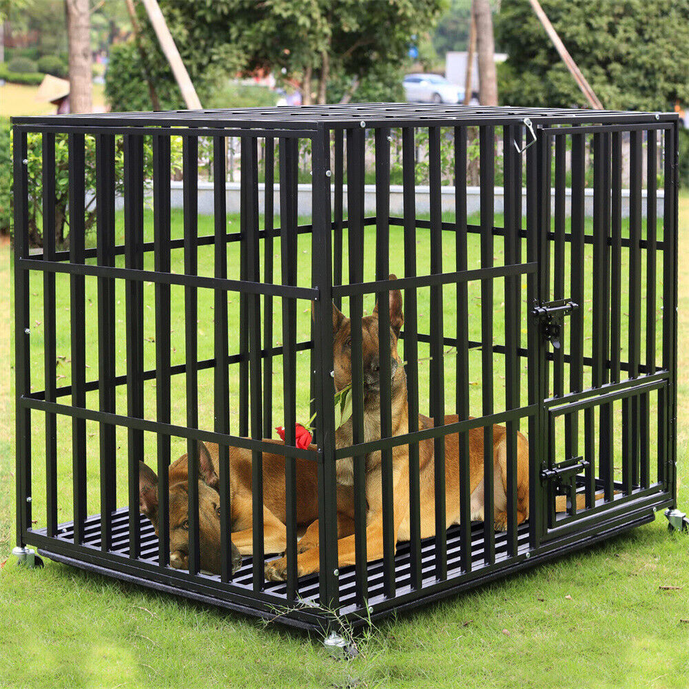 Heavy Duty Dog Crate With 4 Lockable Wheels  Removable Tray 3 Doors Metal Pet Kennels Cage Playpen  1