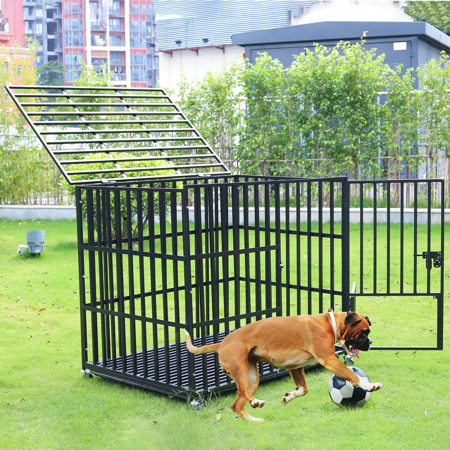 Heavy Duty Dog Crate with 4 Lockable Wheels & Removable Tray, 3 Doors Metal Pet Kennels Cage Playpen for Powerful Dogs