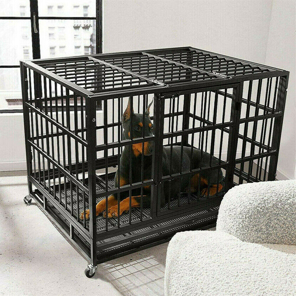Heavy Duty Dog Crate With 4 Lockable Wheels  Removable Tray 3 Doors Metal Pet Kennels Cage Playpen  2