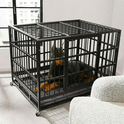 Heavy Duty Dog Crate With 4 Lockable Wheels  Removable Tray 3 Doors Metal Pet Kennels Cage Playpen  2