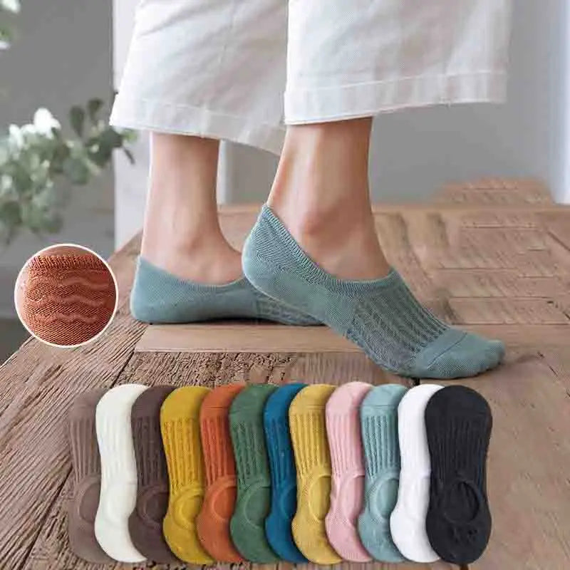 5 Pairs Women Silicone Invisible Boat Socks, Summer Solid Color Soft Cotton No-Show Socks