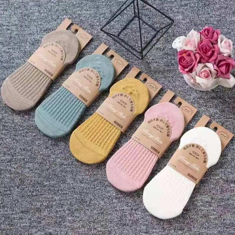 5 Pairs Women Silicone Invisible Boat Socks Summer Solid Color Soft Cotton NoShow Socks 7