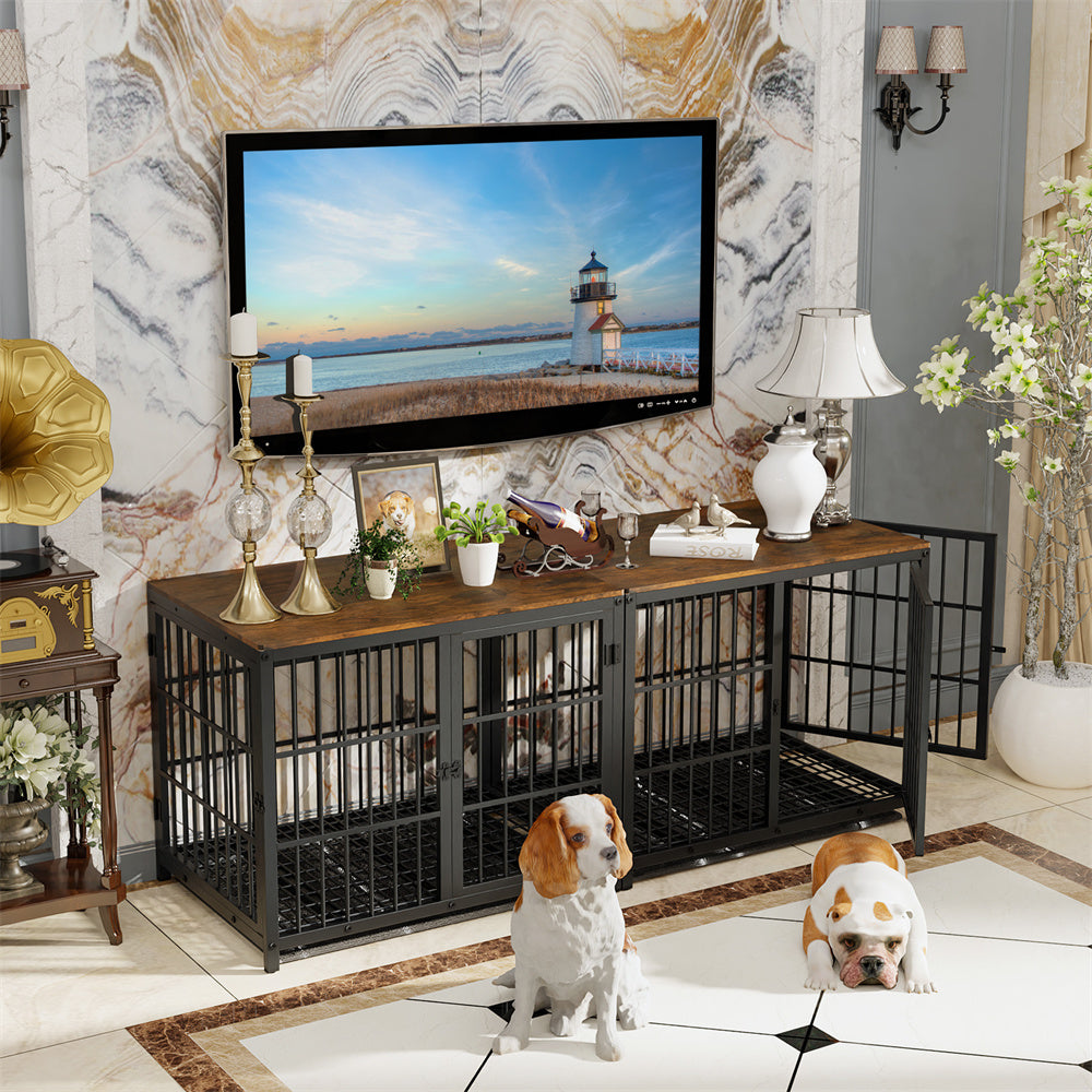 Large Wooden Dog Crate Indoor Furniture Elevated Pet Dog Cage Kennel End Table With 3 Doors  Remova 2
