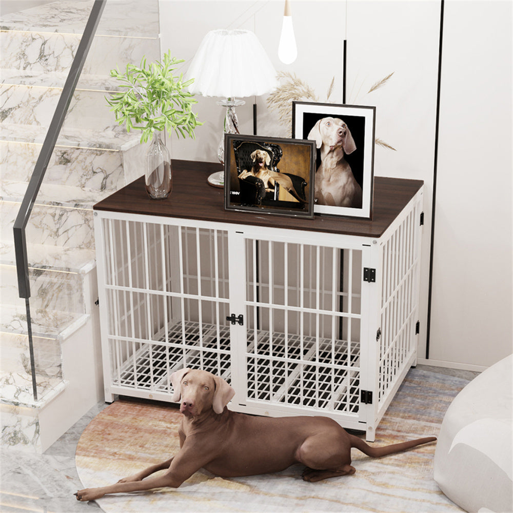 Large Wooden Dog Crate Indoor Furniture Elevated Pet Dog Cage Kennel End Table With 3 Doors  Remova 5