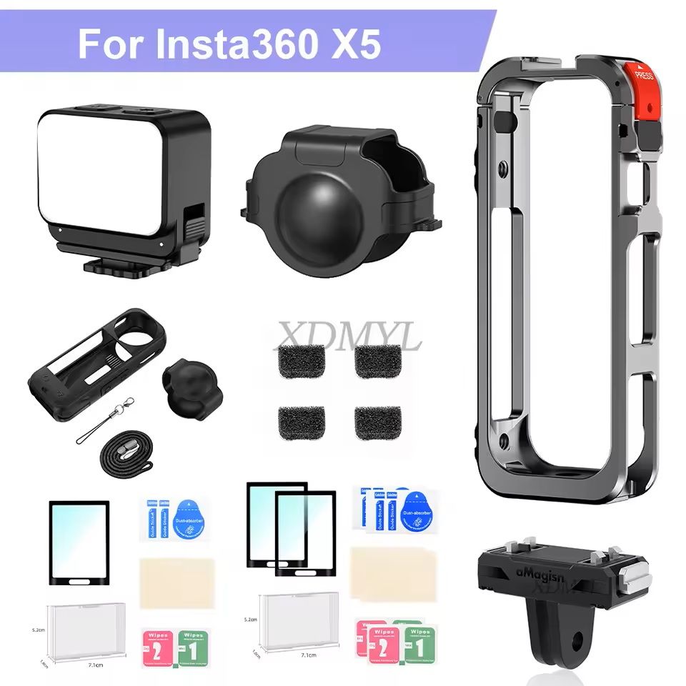 Aluminum Protective Rabbit Cage for Insta360 X5 with Lens Cover & Cold Shoe Mount