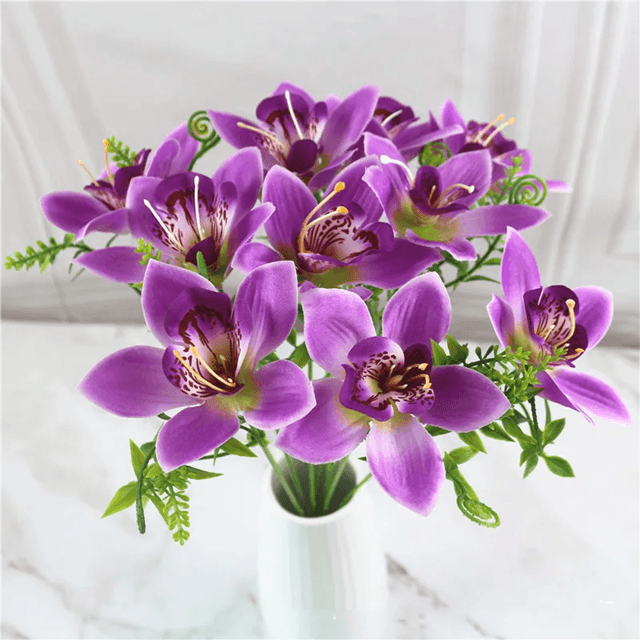 10Piece Artificial Orchid Bouquet  White Silk Faux Flowers For Weddings Home Decor And DIY Arrangem 2