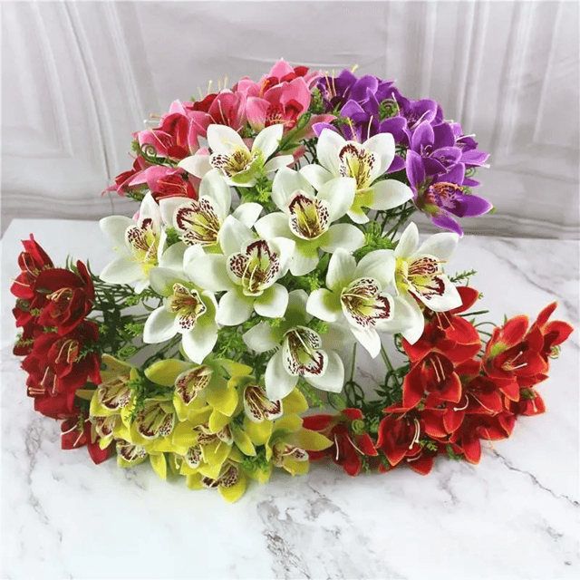 10Piece Artificial Orchid Bouquet  White Silk Faux Flowers For Weddings Home Decor And DIY Arrangem 3