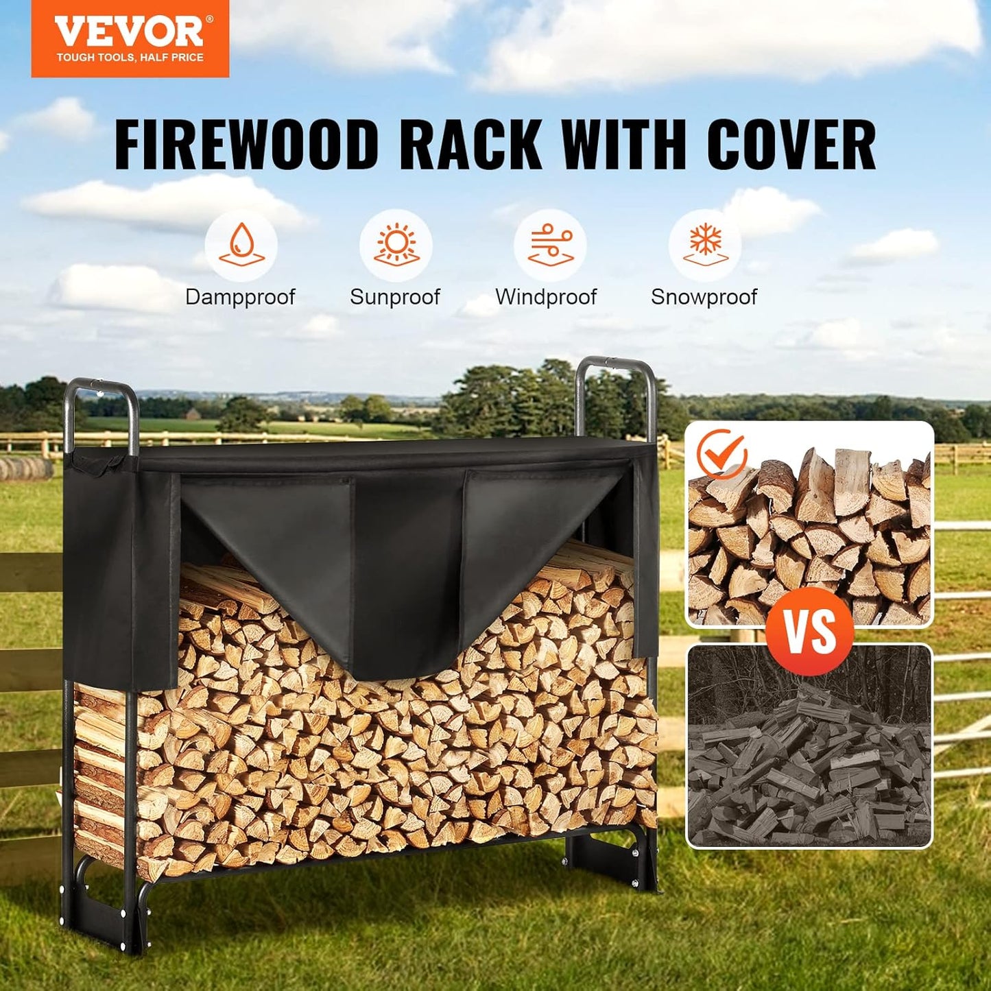 Outdoor Firewood Rack with Cover, Heavy Duty Firewood Holder, Oxford Waterproof Cover for Fireplace