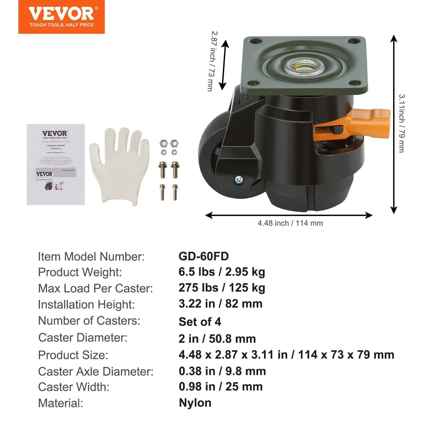 4 Pcs Heavy Duty Swivel Caster Wheels  Leveling Casters With Handle Height Adjustable Feet For Work