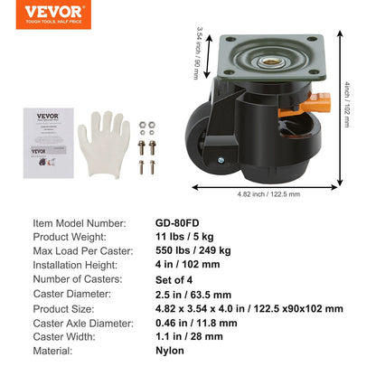 4 Pcs Heavy Duty Swivel Caster Wheels  Leveling Casters With Handle Height Adjustable Feet For Work