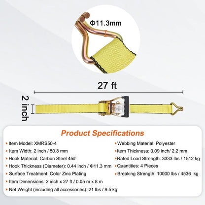 4 Pack Ratchet Tie Down Straps 10000 Lbs Breaking Strength 2 X 27 Heavy Duty Straps With Double J H 9