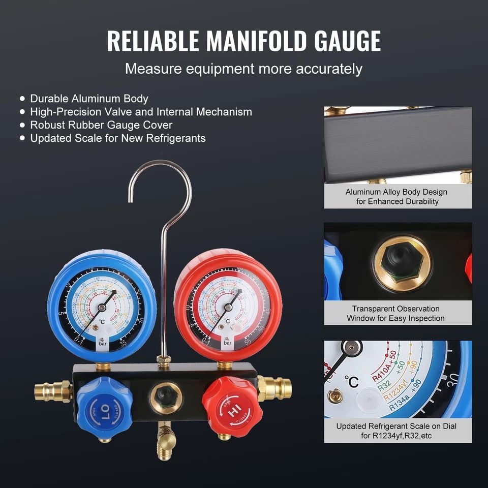 HP HVAC Vacuum Pump And Gauge Set 4 CFM Manifold Gauge Kit With Hose For Professional Refrigeration 10