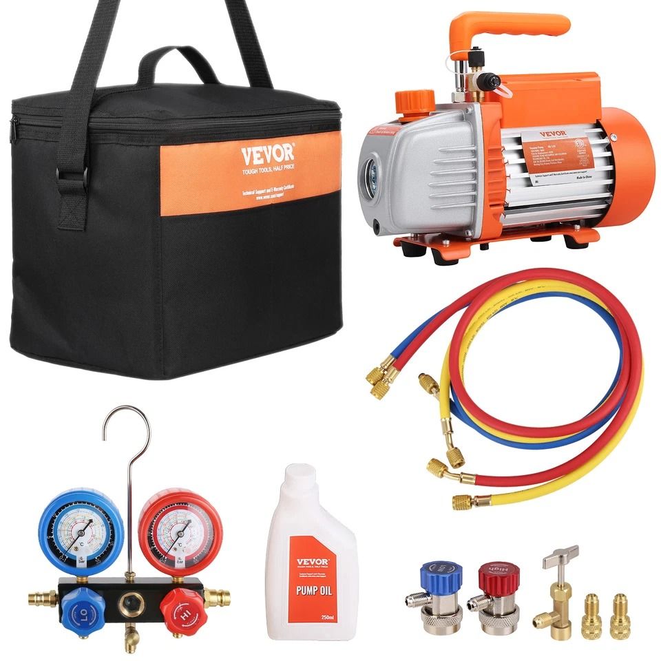 HP HVAC Vacuum Pump And Gauge Set 4 CFM Manifold Gauge Kit With Hose For Professional Refrigeration 1