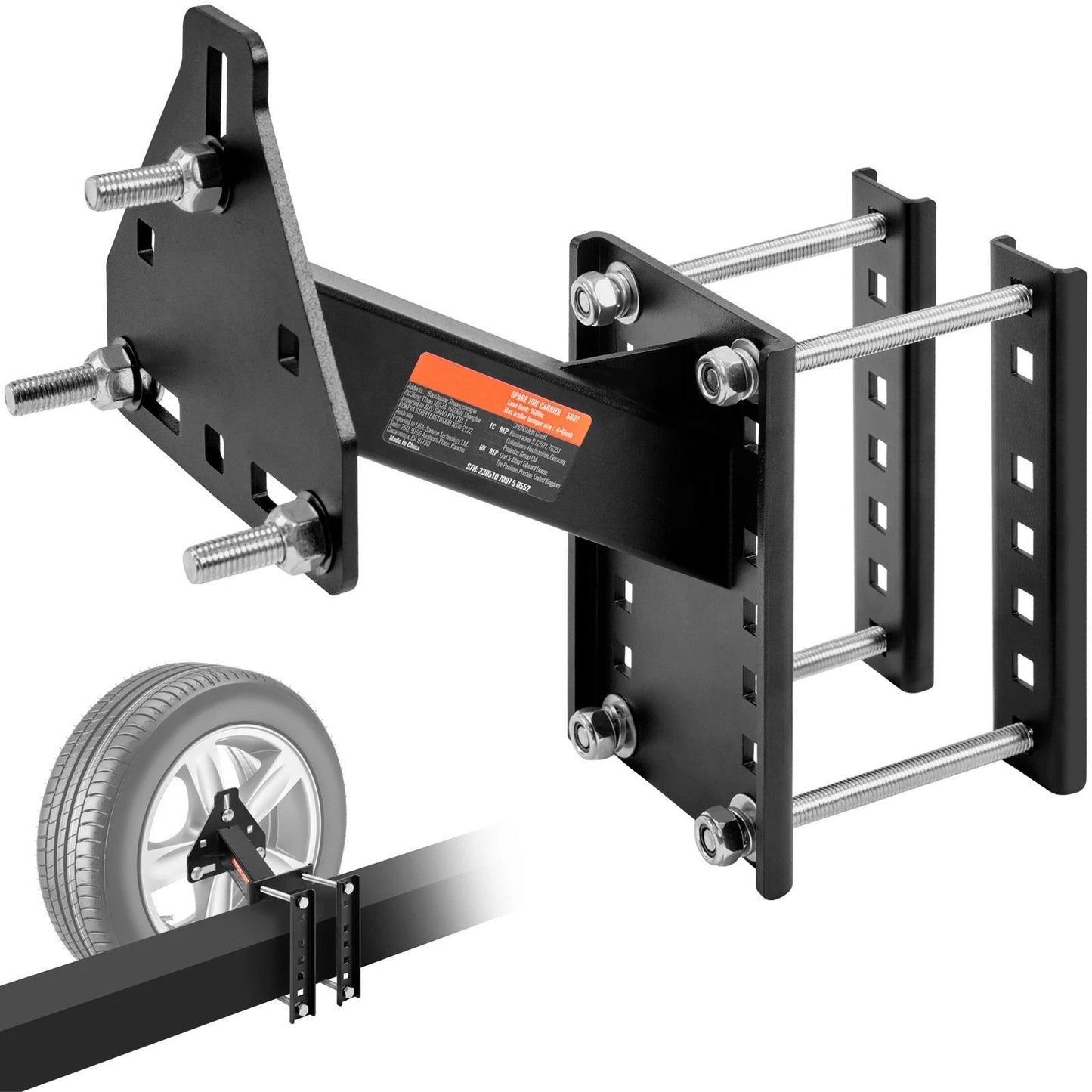 Heavy-Duty Trailer Spare Tire Carrier Mount Holder, Fits 4, 5, 6 & 8 Lug Stud Wheels