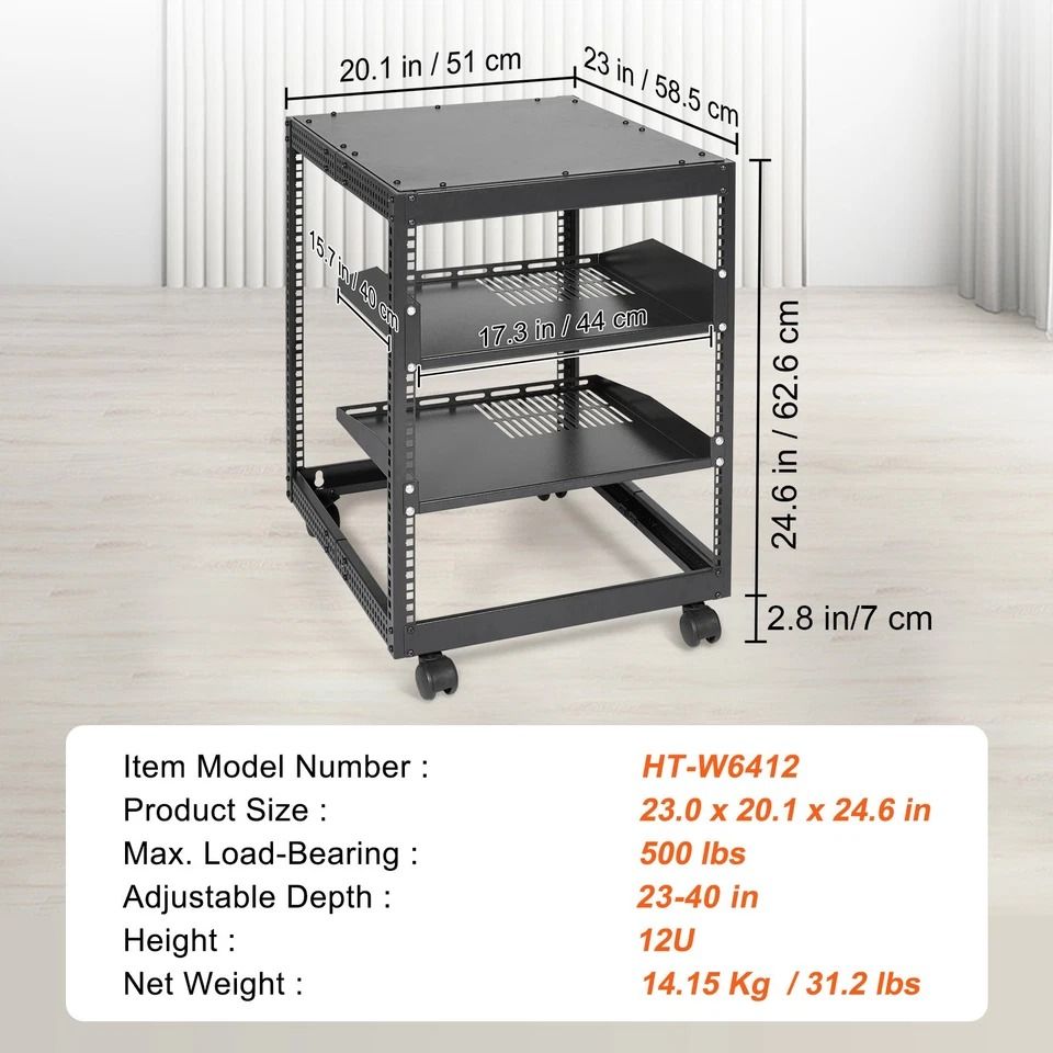 12U 4 Post Open Frame Server Rack Adjustable Depth 23 To 40 HeavyDuty Network Enclosure For AV  IT  11