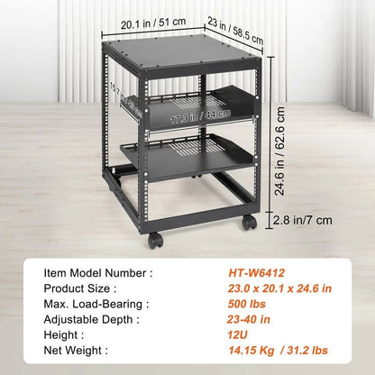 12U 4 Post Open Frame Server Rack Adjustable Depth 23 To 40 HeavyDuty Network Enclosure For AV  IT  11