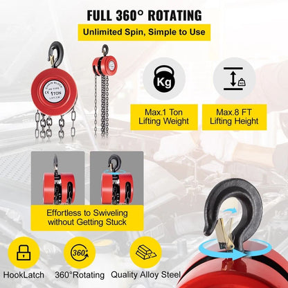 1Ton Manual Chain Hoist With 8FT Fall Chain  Red Hook HeavyDuty Puller Block For Lifting 3