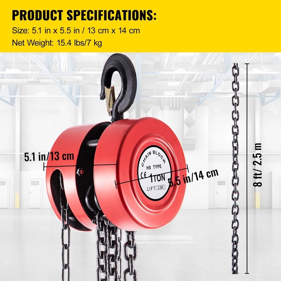 1Ton Manual Chain Hoist With 8FT Fall Chain  Red Hook HeavyDuty Puller Block For Lifting 6