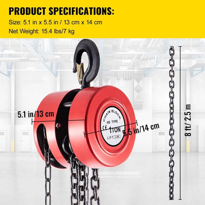 1Ton Manual Chain Hoist With 8FT Fall Chain  Red Hook HeavyDuty Puller Block For Lifting 6