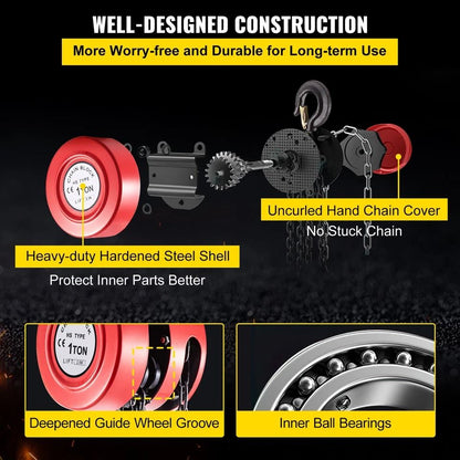 1Ton Manual Chain Hoist With 8FT Fall Chain  Red Hook HeavyDuty Puller Block For Lifting 7