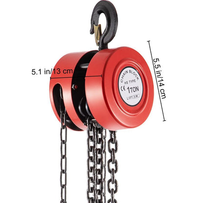 1Ton Manual Chain Hoist With 8FT Fall Chain  Red Hook HeavyDuty Puller Block For Lifting 8