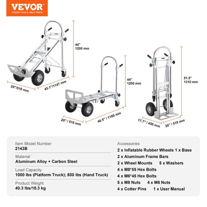 Heavy Duty 4in1 Aluminum Hand Truck  1000 Lbs Capacity Folding Dolly Cart For Easy Transport 9