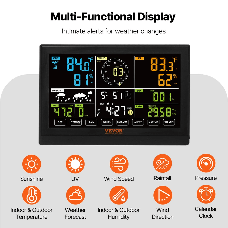 Wireless Weather Station Display Indoor Outdoor Solar Powered No WiFi Needed 4