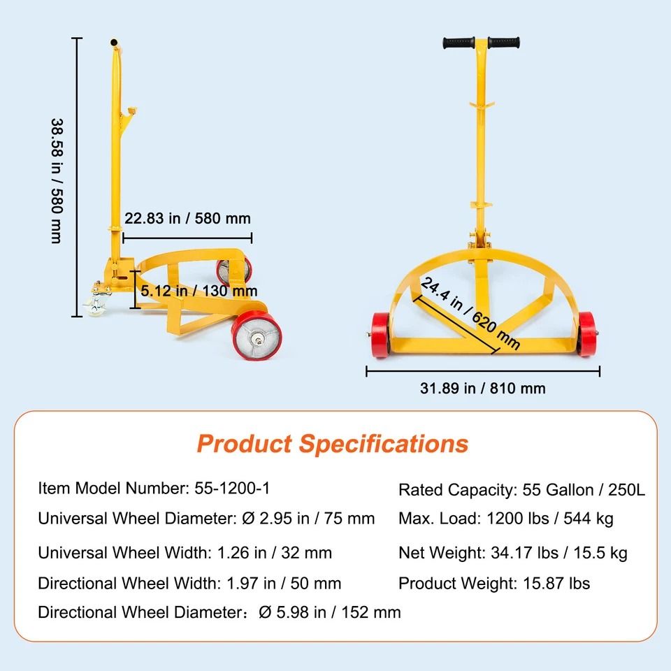 Heavy Duty 55 Gallon Drum Dolly Cart  1200 Lbs Capacity Barrel Dolly With Wheels For Easy Transport 9