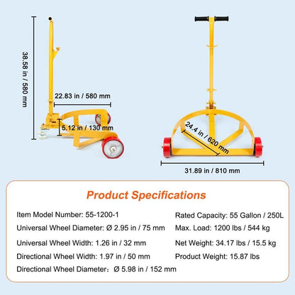 Heavy Duty 55 Gallon Drum Dolly Cart  1200 Lbs Capacity Barrel Dolly With Wheels For Easy Transport 9