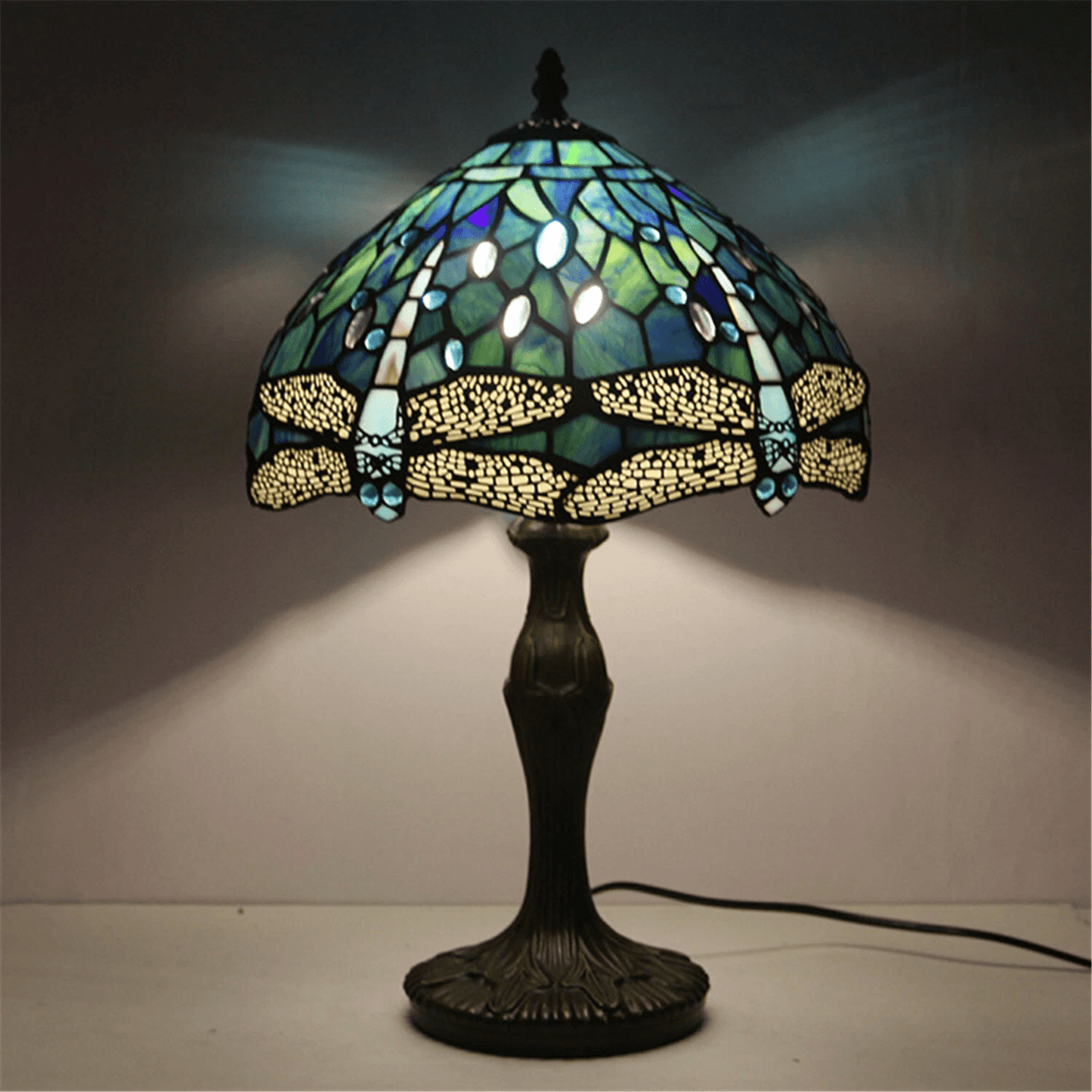 Dragonfly Tiffany Table Lamp, Stained Glass Desk Light, Retro Brass Resin Base for Living Room Decor