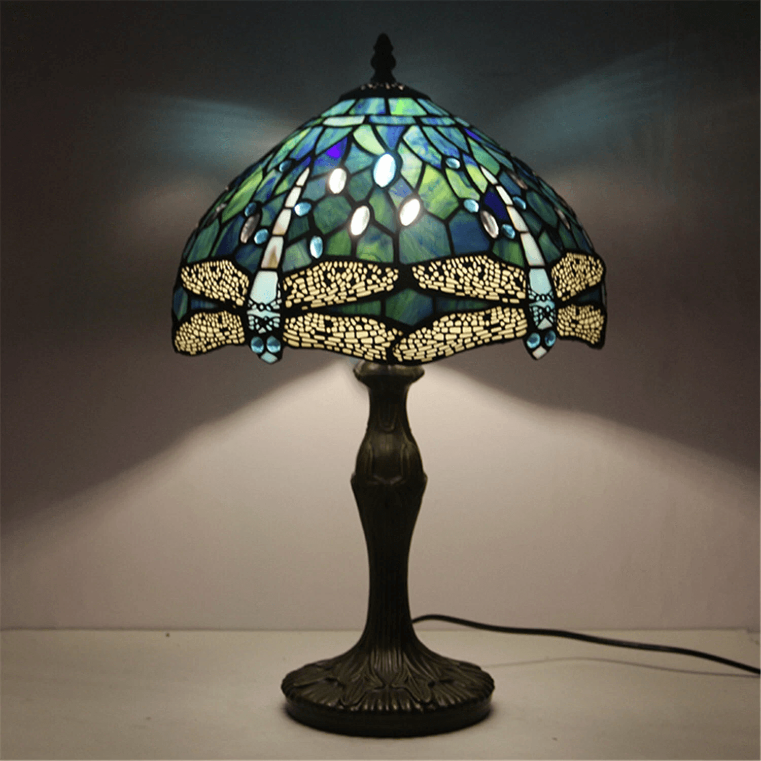 Dragonfly Tiffany Table Lamp, Stained Glass Desk Light, Retro Brass Resin Base for Living Room Decor