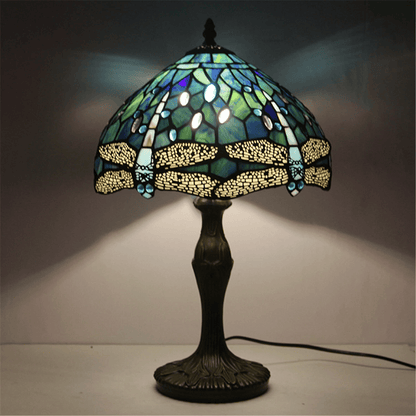 Dragonfly Tiffany Table Lamp, Stained Glass Desk Light, Retro Brass Resin Base for Living Room Decor