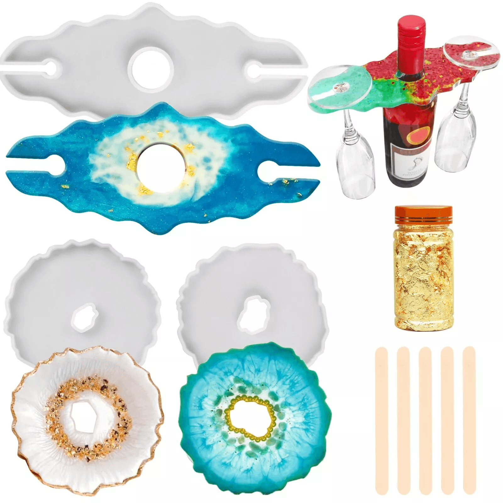 Handmade DIY Epoxy Resin Coaster Molds Silicone Tray with Wine Glass Rack, Home Decor Casting Kit